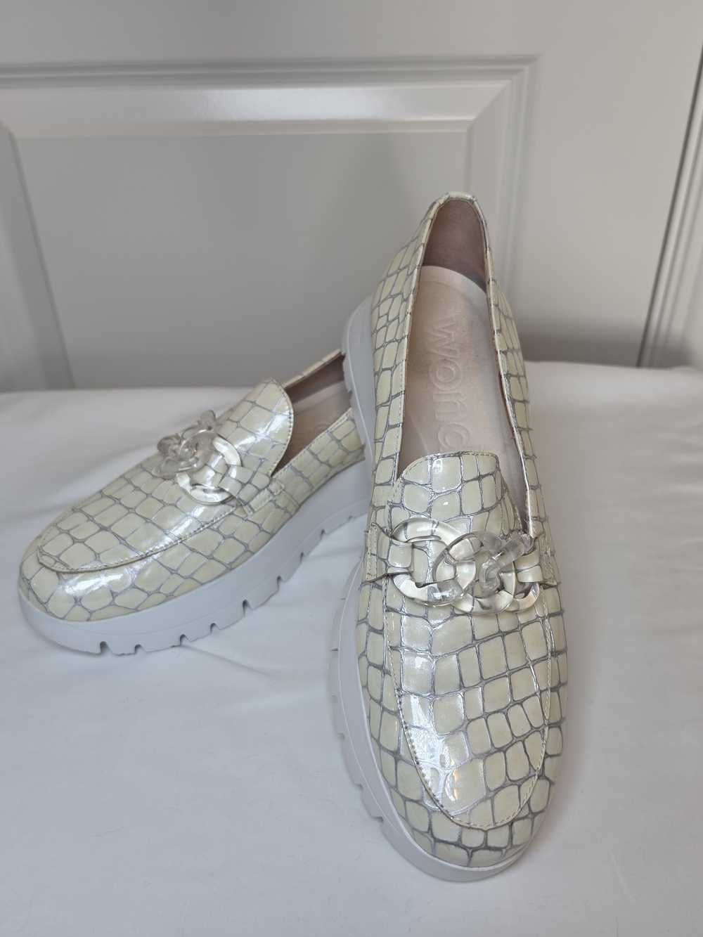WONDERS LEATHER PLATFORM LOAFERS CROC EMBOSSED CHAIN DETAIL SPAIN EU 41 US 10.5